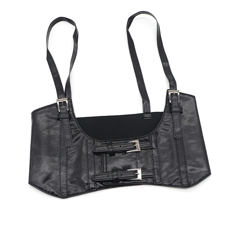 Black PU leather vintage gothic corset with adjustable straps and double buckle detail.