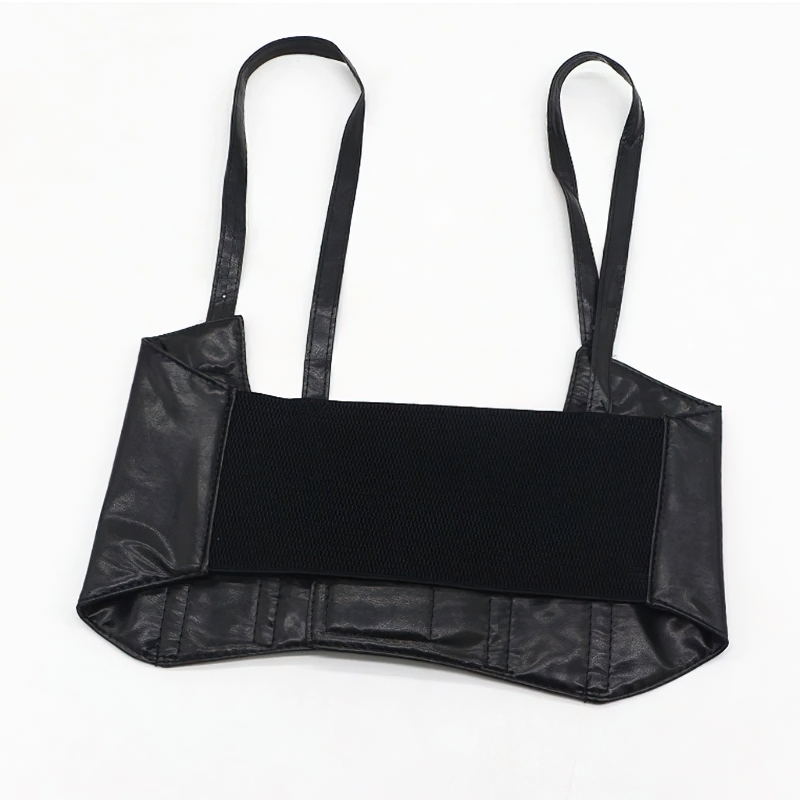 Women's vintage gothic black PU leather corset with adjustable straps and double buckle design.