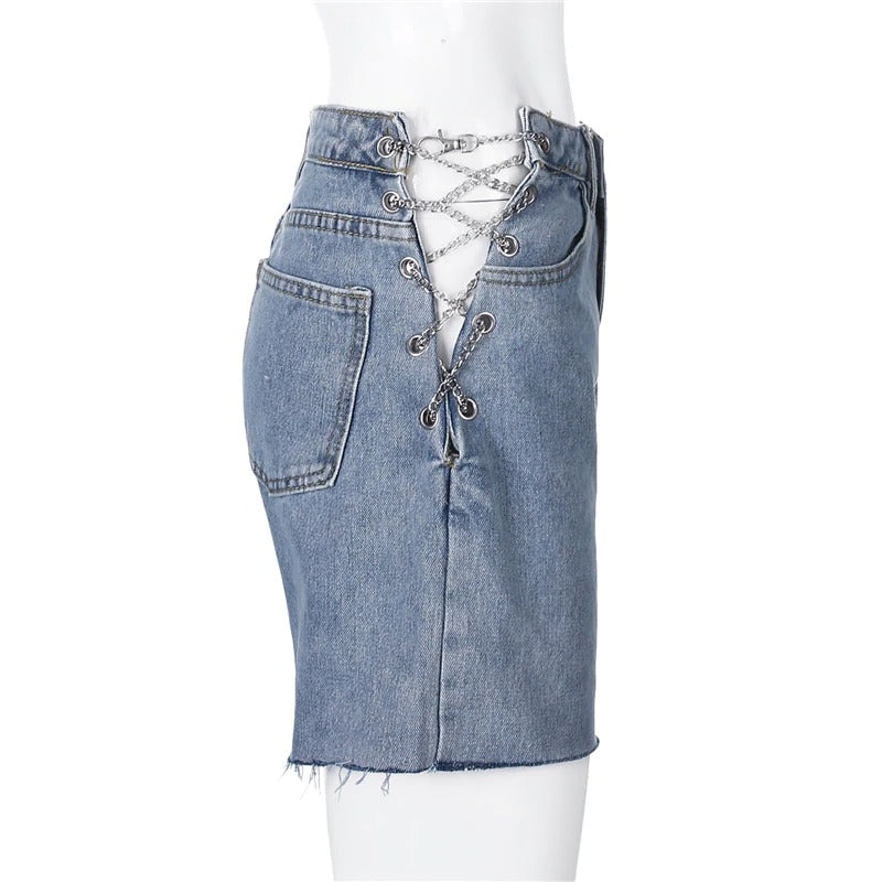 Women's Vintage High-Waist Light Blue Hollow Out Shorts / Female Chain Design Streetwear Clothing - HARD'N'HEAVY