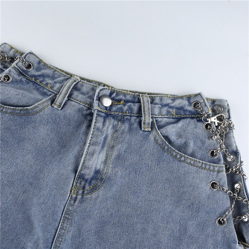 Women's Vintage High-Waist Light Blue Hollow Out Shorts / Female Chain Design Streetwear Clothing - HARD'N'HEAVY