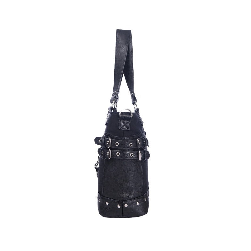Women's vintage rivet tote bag with handcuffs and zippers, showcasing a gothic style design.