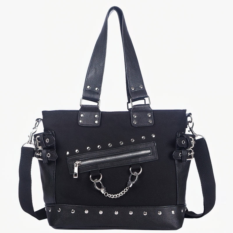 Women's Vintage Rivet Tote Bag / Canvas Zipper Shoulder Bag With Handcuffs / Gothic Style Handbag - HARD'N'HEAVY