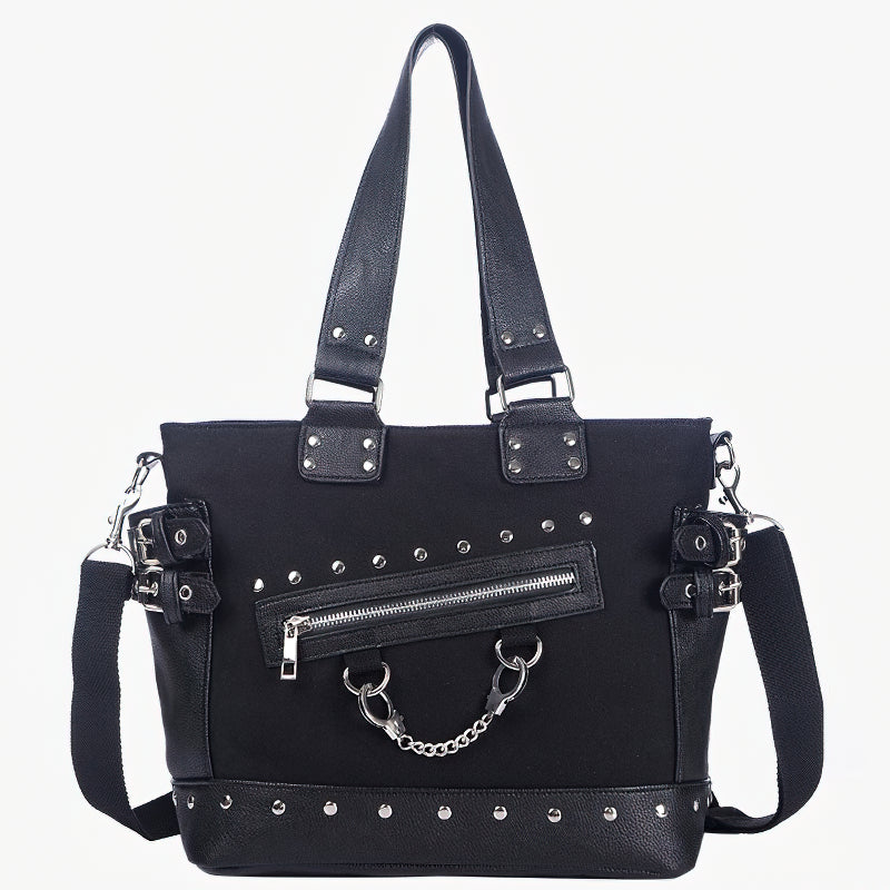 Women's vintage rivet tote bag in black, featuring studs, zipper, and chains for a chic gothic style.