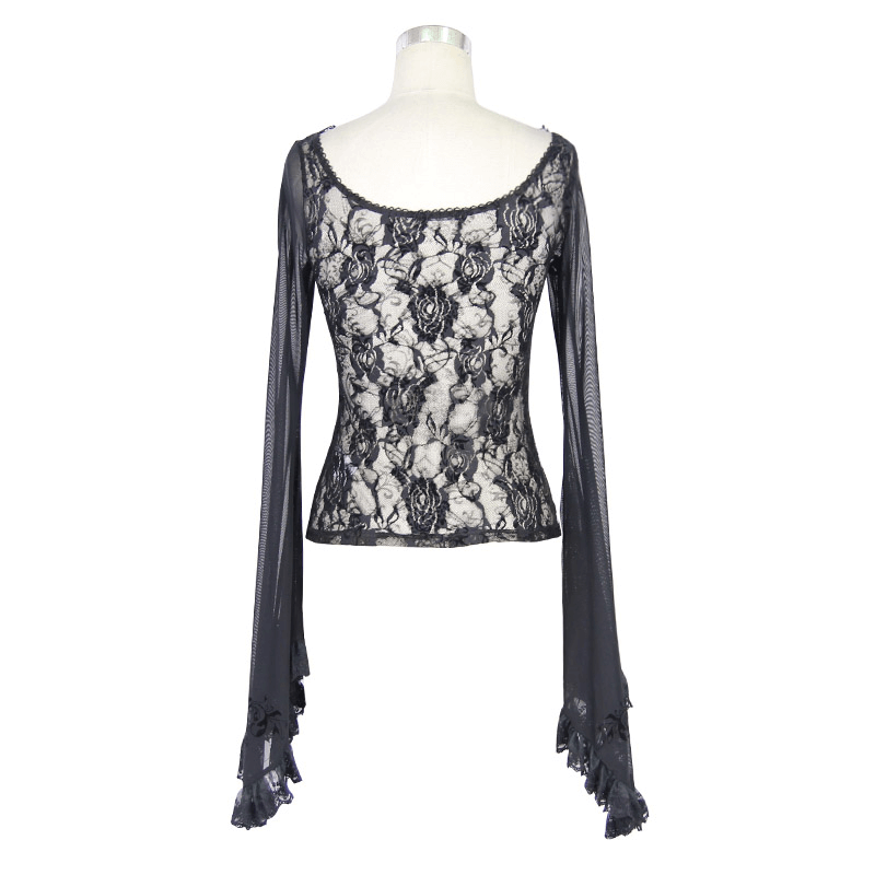 Women's Vintage Translucent Lace Top / Elegant Gothic Long Sleeves Top with Bells & Ruffles - HARD'N'HEAVY
