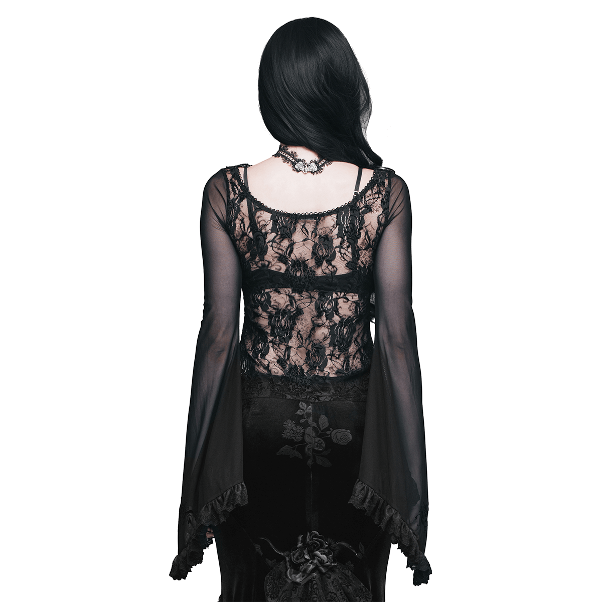 Women's Vintage Translucent Lace Top / Elegant Gothic Long Sleeves Top with Bells & Ruffles - HARD'N'HEAVY