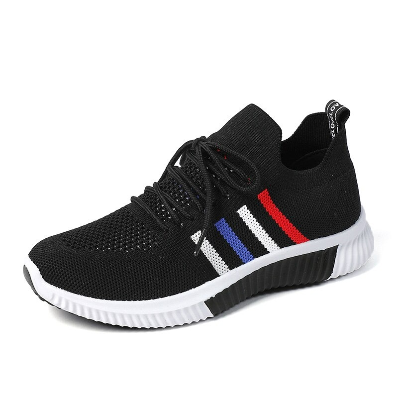 Women's black vulcanized sneakers with breathable mesh and colorful stripes for casual running and sports.
