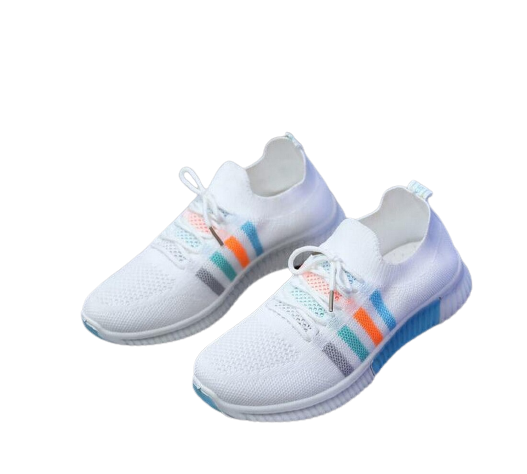 Women’s vulcanized sneakers in white and colorful accents, designed for breathability and comfort during casual running.