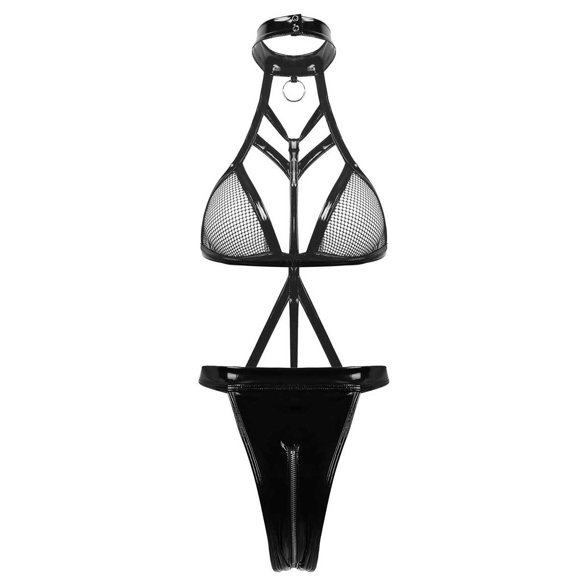 Women's wet look bodysuit with halter neck, mesh bra, leather straps, and zippered crotch for an exotic style.