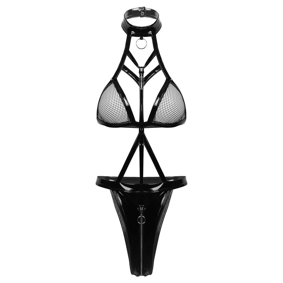 Black wet look bodysuit featuring halter neck, mesh bra, leather straps and decorative metal ring for a striking exotic look.