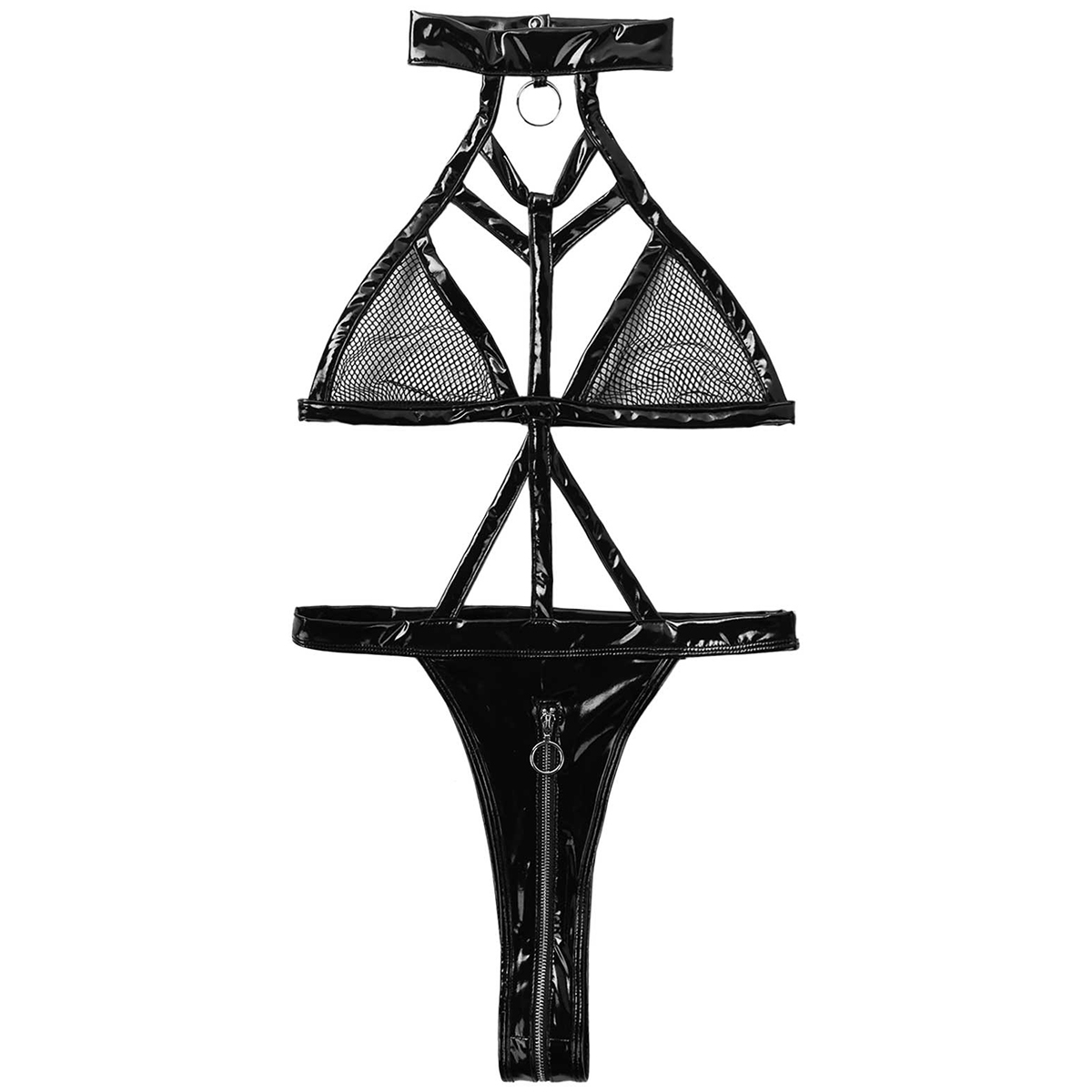 Stylish women's black wet look bodysuit with mesh and leather, halter neck design and zippered crotch.