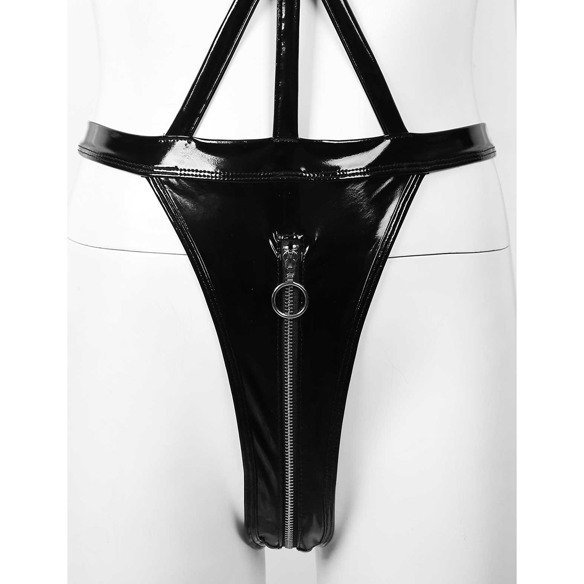 Close-up of a black wet look bodysuit featuring a zippered crotch and halter neck design, showcasing edgy lingerie style.