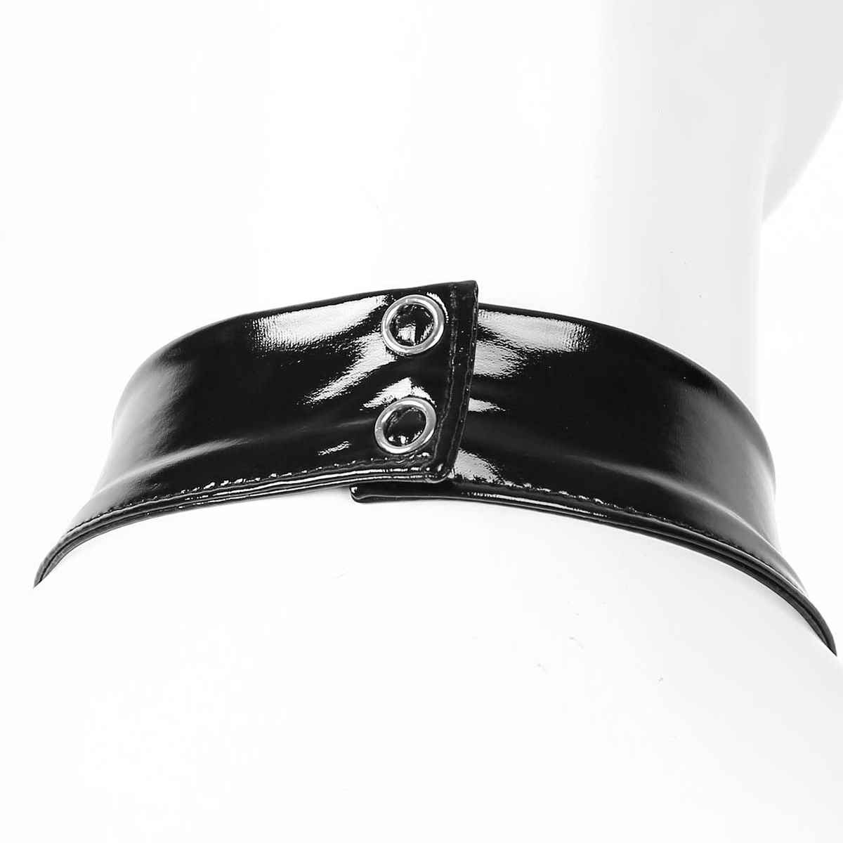 Close-up of a sleek black leather collar with metal snap buttons, perfect for an exotic lingerie look.