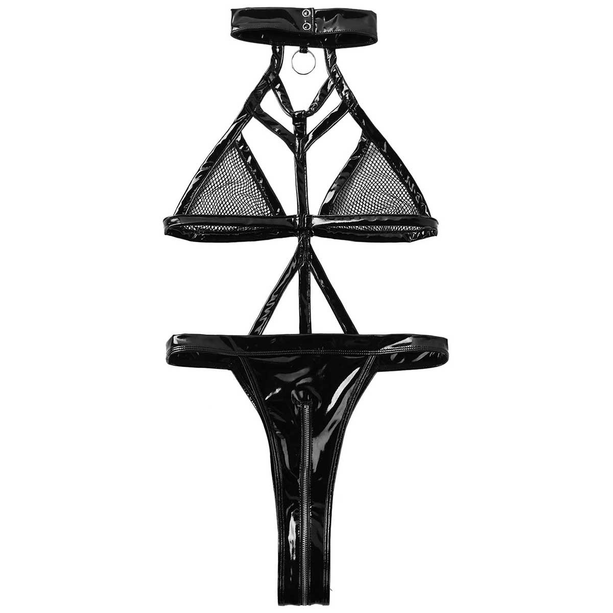Women's wet look bodysuit with halter neck and zippered crotch, featuring mesh and leather design.