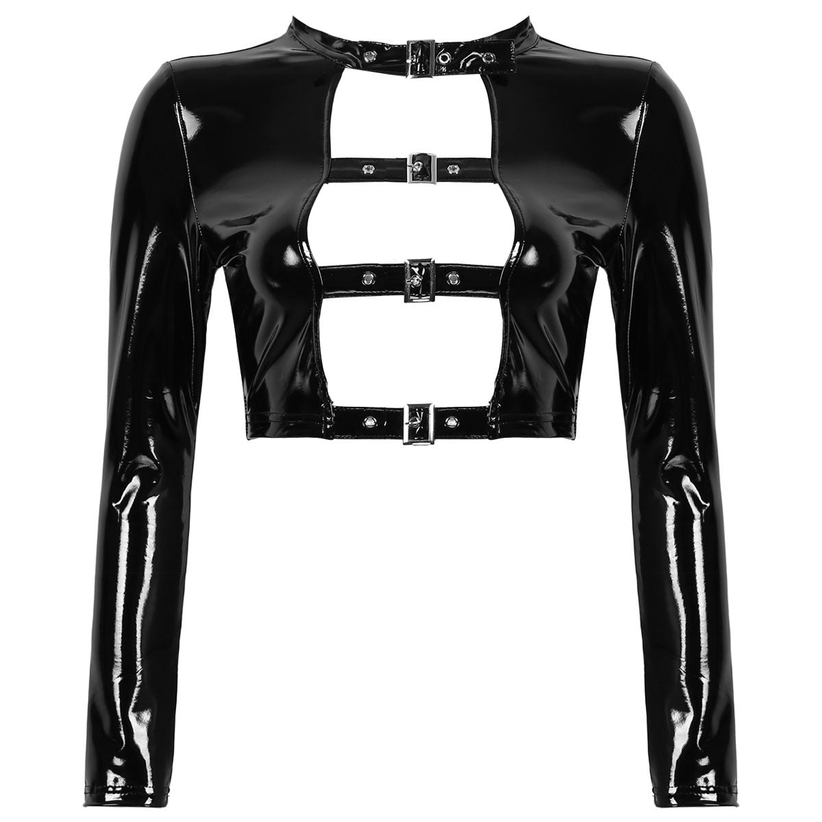 Gothic women's crop top in black patent leather with hollow out front and buckles, perfect for edgy fashion lovers.