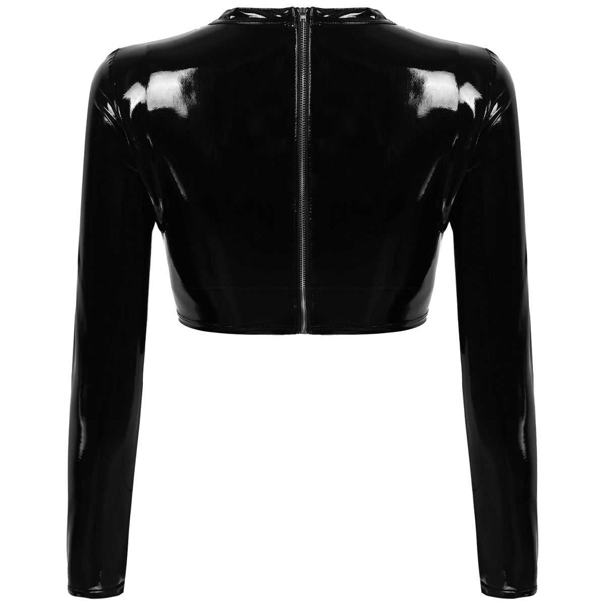 Back view of Women's Wet Look Gothic Crop Top in black patent leather with long sleeves and zip closure.