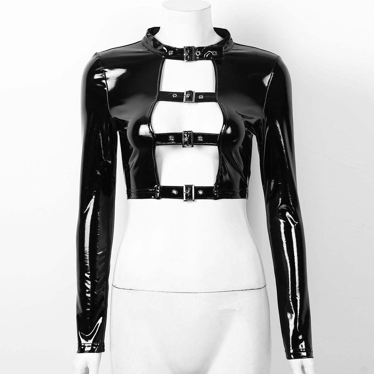 Women's Gothic crop top in black patent leather with hollow front and buckle details, perfect for edgy fashion lovers.