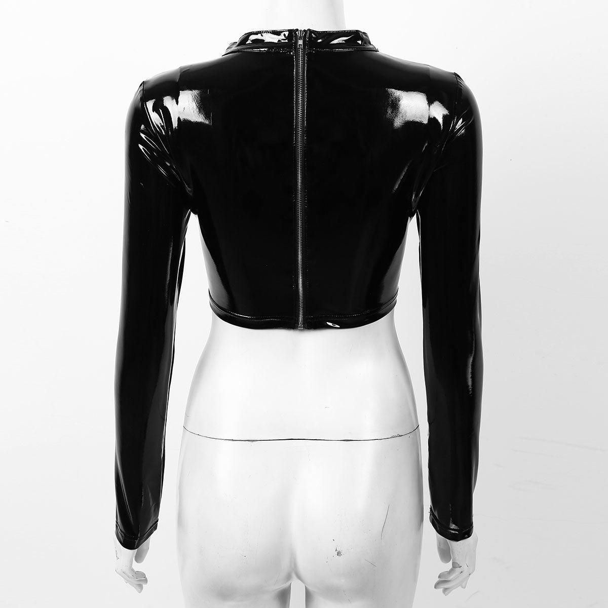 Black patent leather cropped top with long sleeves and zip closure, showcasing a glossy wet look from the back.