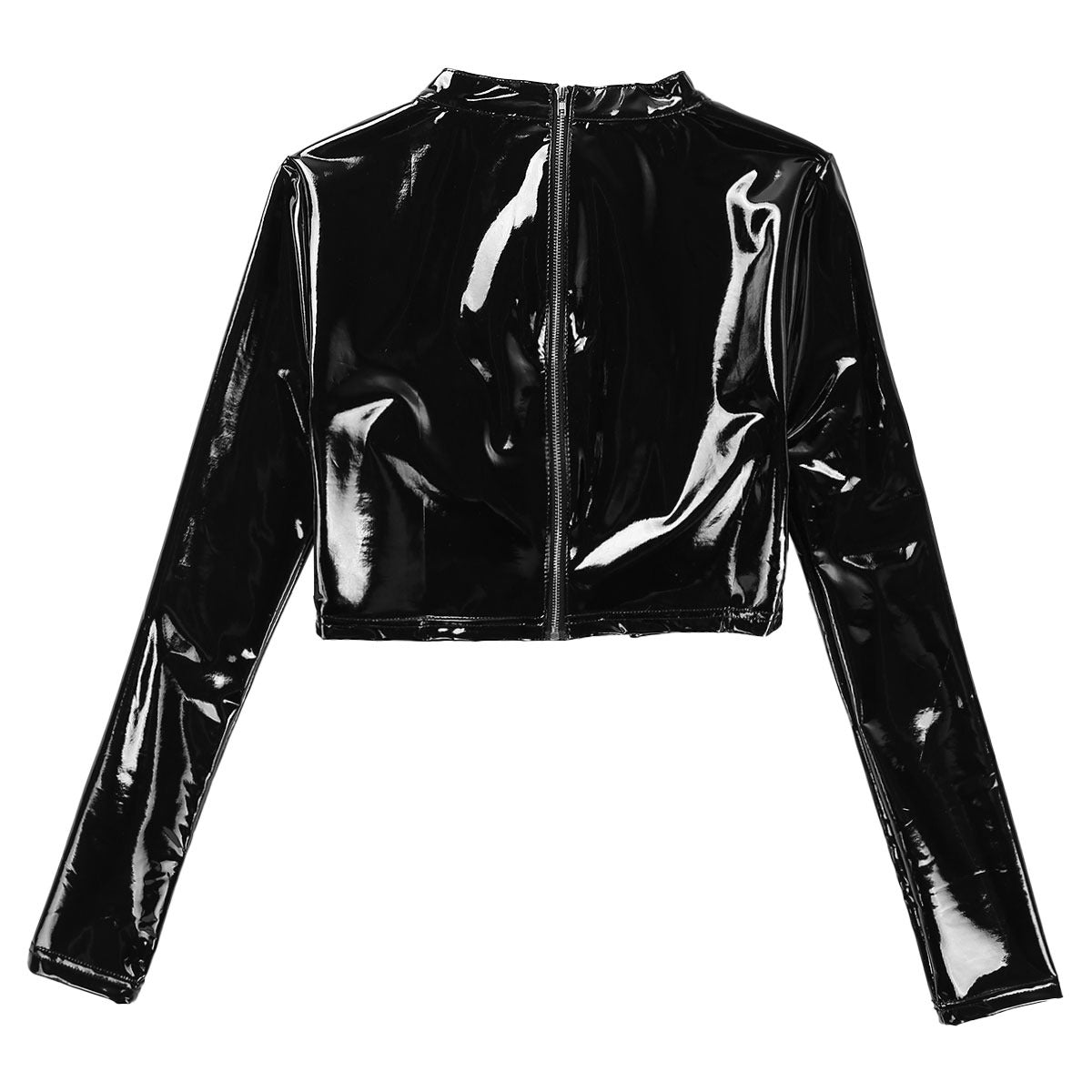 Back view of a shiny black patent leather gothic crop top with long sleeves and a zip closure.