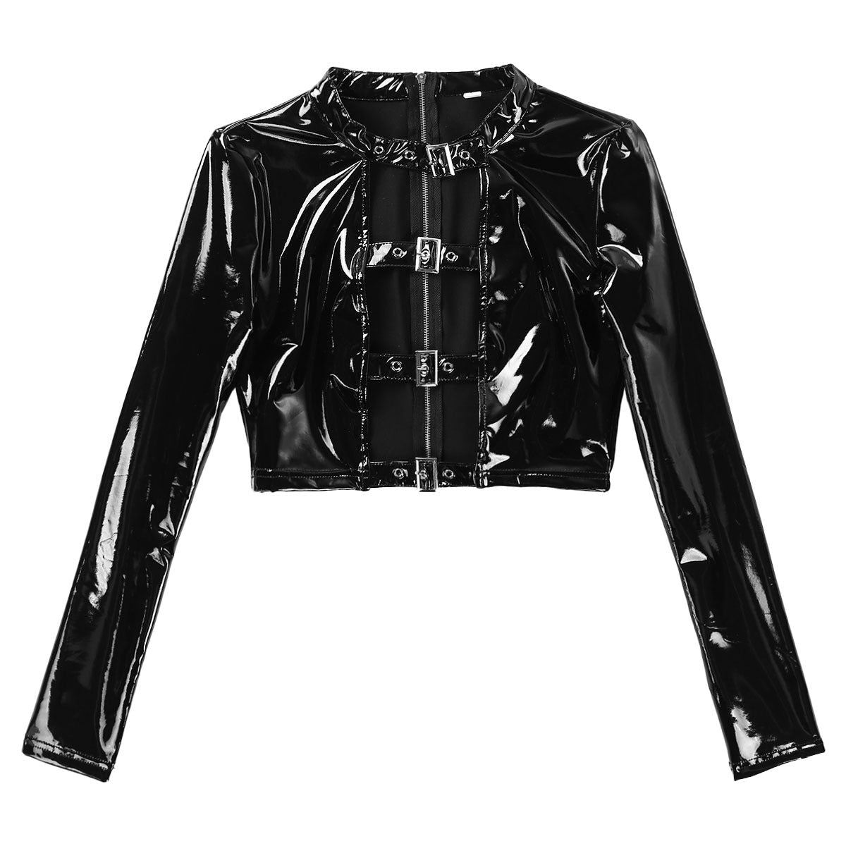 Women's black patent leather gothic crop top with hollow out front and buckles, perfect for edgy fashion lovers.