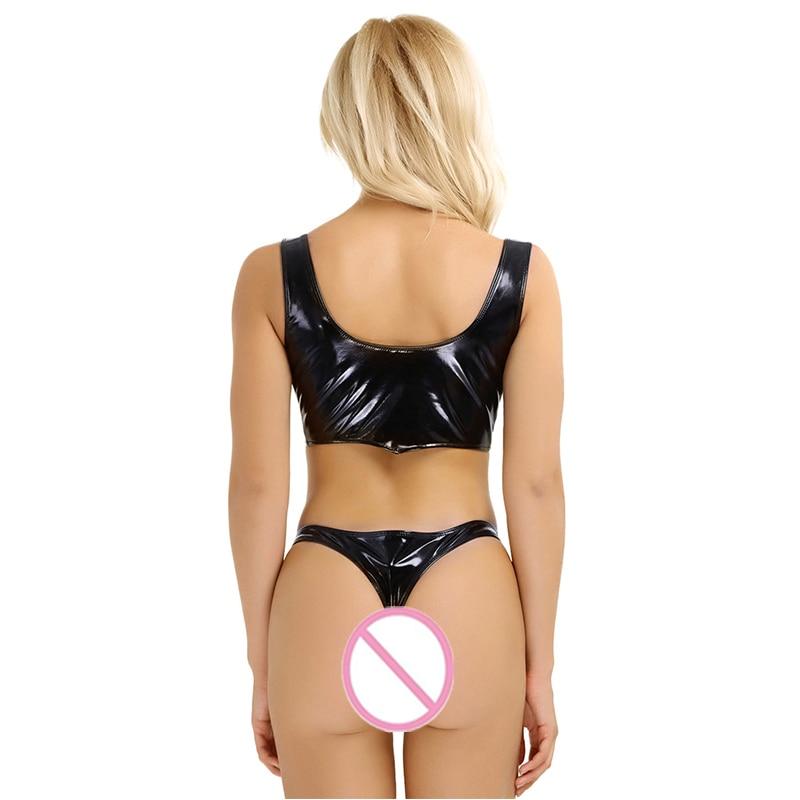 Womens Wet Look Leather Zipper Lingerie Set in Gothic Style / Sexy Crop Top with Mini Briefs - HARD'N'HEAVY