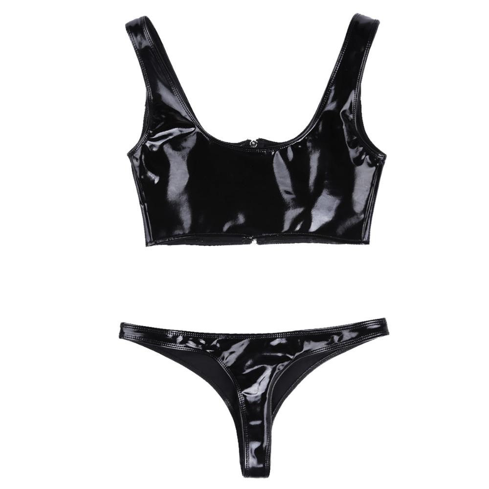 Womens Wet Look Leather Zipper Lingerie Set in Gothic Style / Sexy Crop Top with Mini Briefs - HARD'N'HEAVY