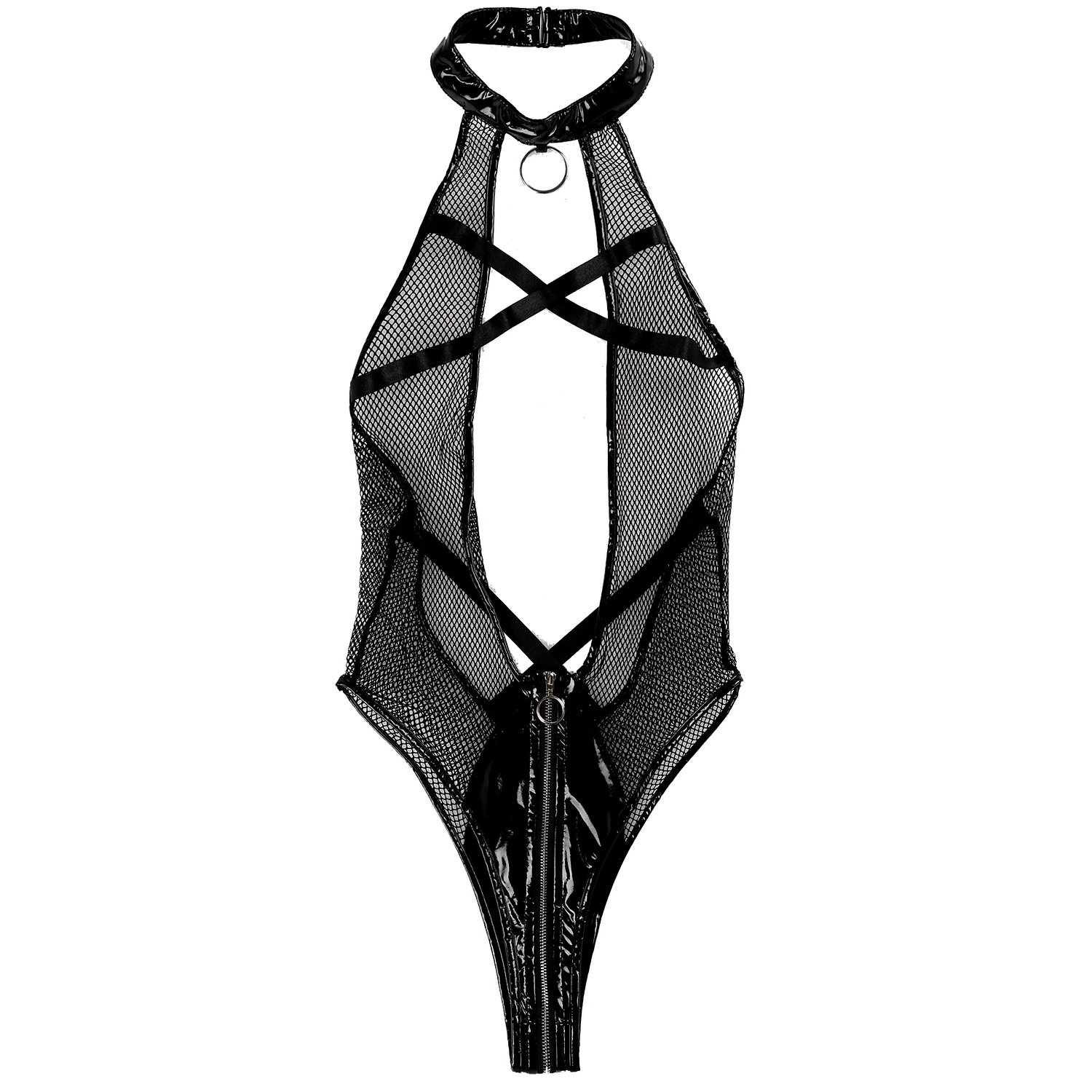Women's Wet Look Mesh Bodysuit / Halter Neck Sexy Lingerie / Black Patent Leather Strappy Underwear - HARD'N'HEAVY