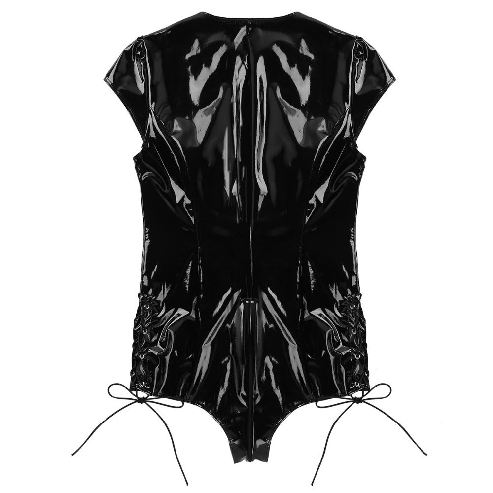 Back view of a women's black wet look bodysuit with cap sleeves and lace-up detailing, perfect for evening wear.
