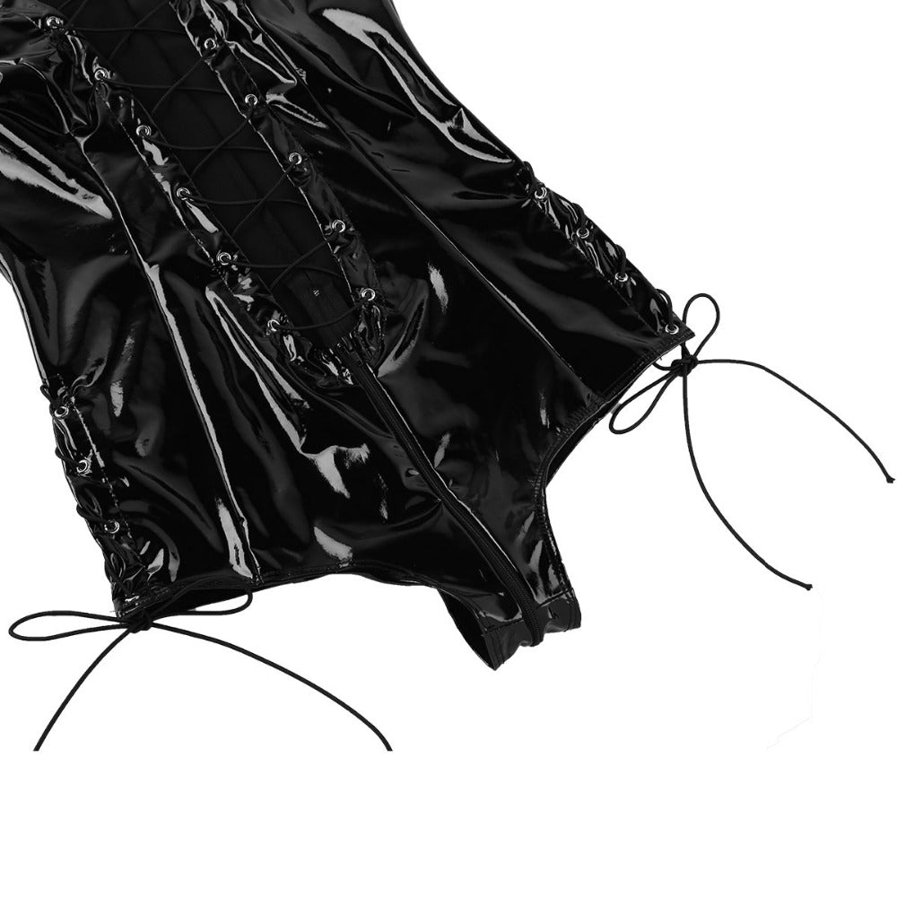 Lustrous black women's one-piece evening bodysuit with lace-up front and ties, perfect for dancing and confident styling.