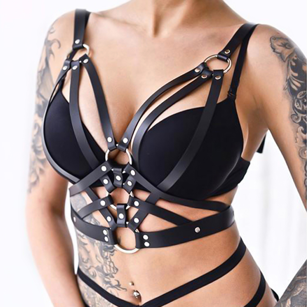 Women's sexy black PU leather bra top with crisscross straps and a unique hollow out design.
