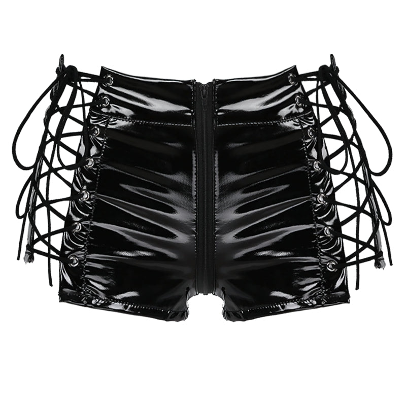 Black wet look mini shorts with lace-up details and zipper, perfect for edgy party outfits.