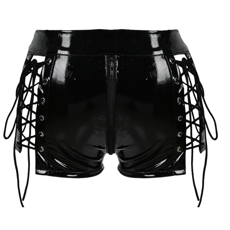 Edgy women's wet look mini shorts with lace-up details and zipper, perfect for stylish party outfits.