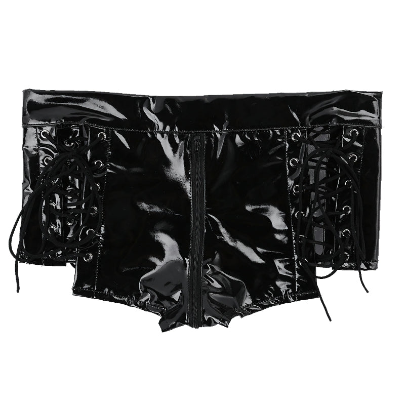 Women's wet look sexy mini shorts in patent leather with lace-up details and zipper, perfect for edgy outfits.