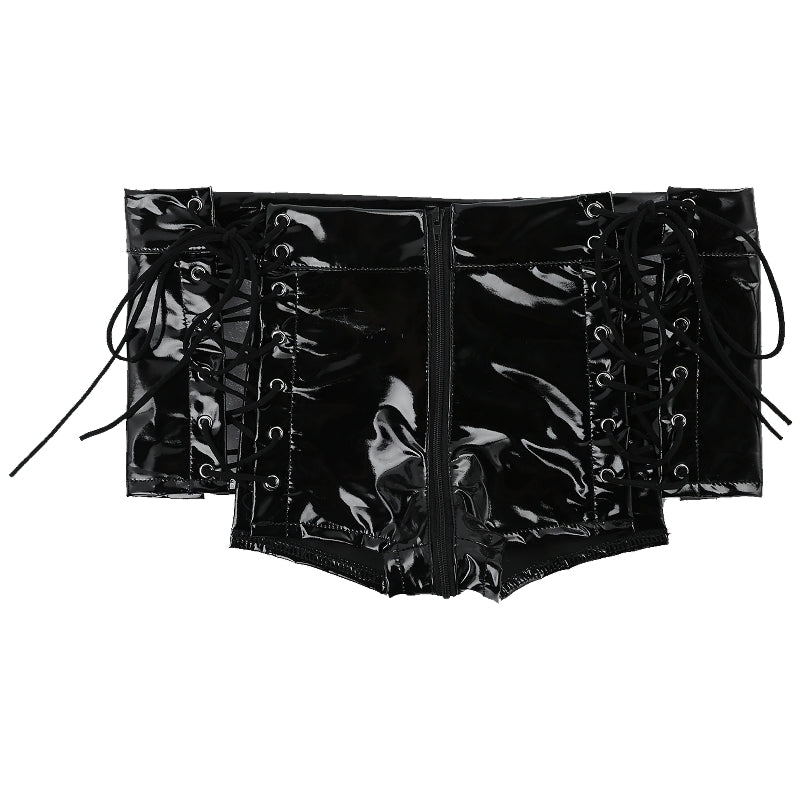 Women's sexy wet look mini shorts in black with lace-up details and zipper, perfect for edgy outfits.