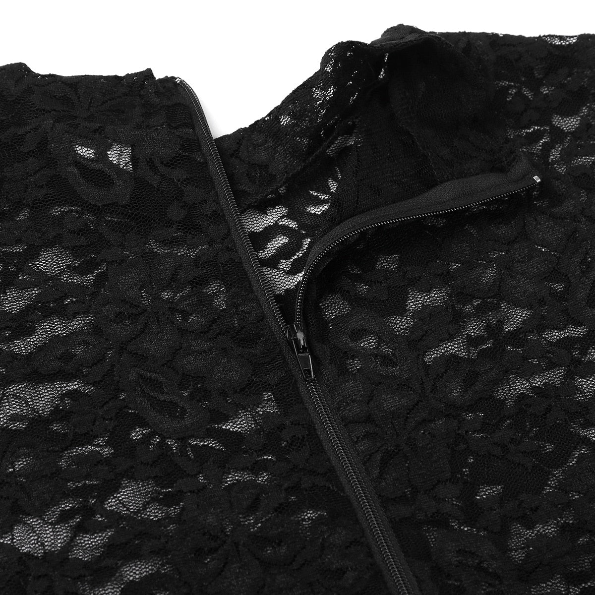 Close-up of intricate black lace with a zipper, showcasing the stylish design of a women's gothic bodysuit.