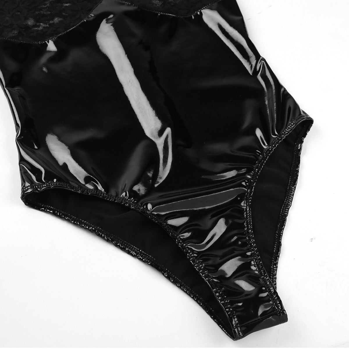 Women's Wetlook Latex Bodycon / Gothic Lace Splice See-through High Cut Zipper Bodysuit - HARD'N'HEAVY