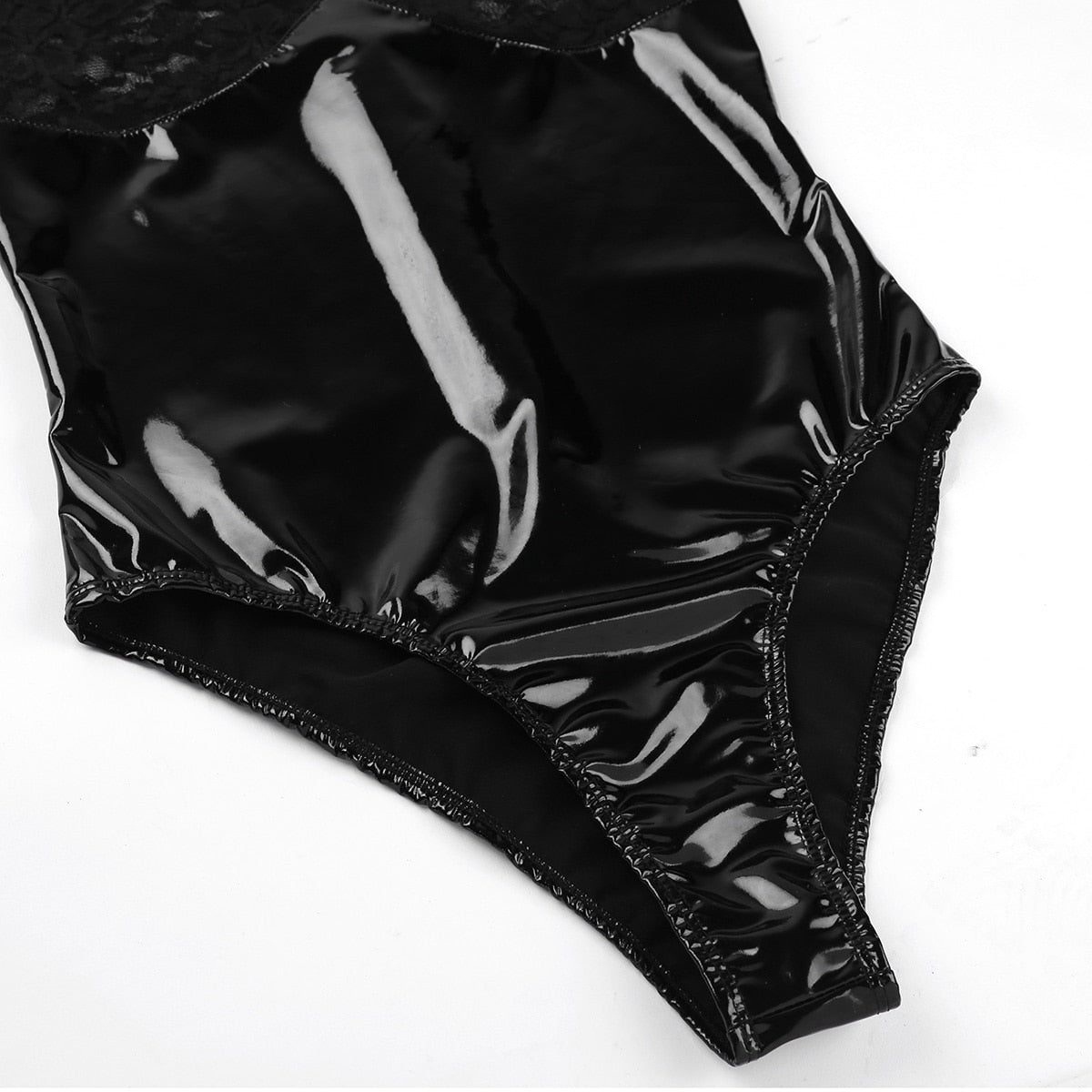 Close-up of Women's Wetlook Latex Bodycon Bodysuit highlighting the glossy black latex and lace detail.