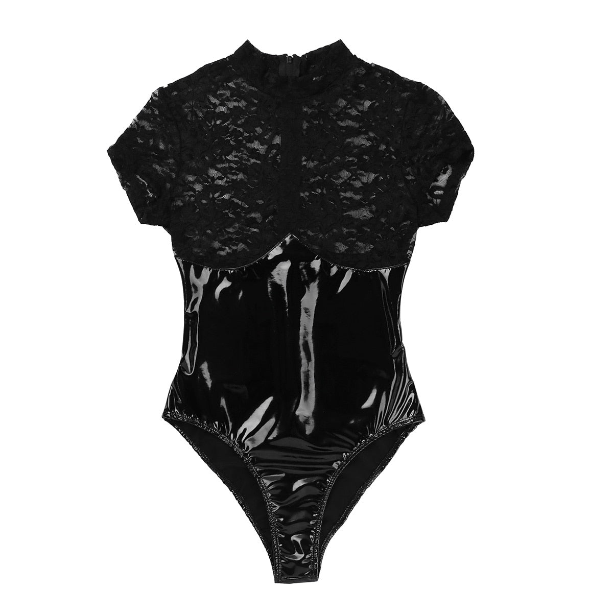 Women's black wetlook latex bodysuit with gothic lace splice and high cut design, perfect for dance or photoshoots.