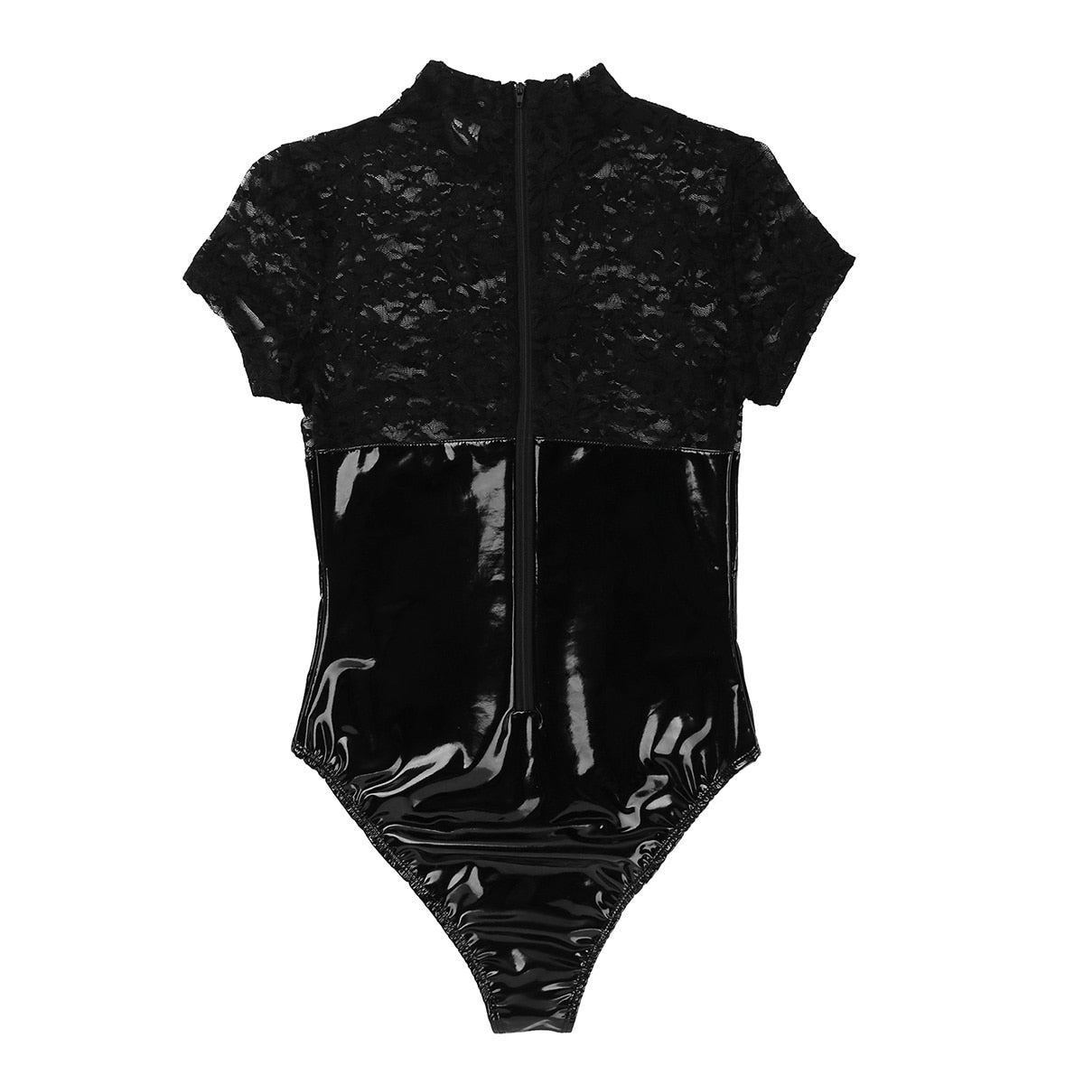 Women's high-cut wetlook latex bodysuit with gothic lace splice and zipper, stylish for dancers and photoshoots.