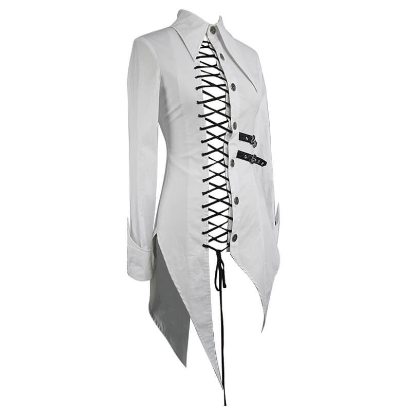 Women's White Gothic Irregular Blouse / Ladies Long Shirt With Buckle Belt and Lace-up Accents - HARD'N'HEAVY
