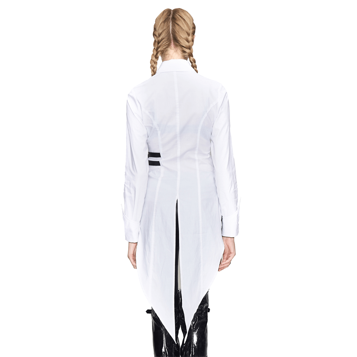Women's White Gothic Irregular Blouse / Ladies Long Shirt With Buckle Belt and Lace-up Accents - HARD'N'HEAVY