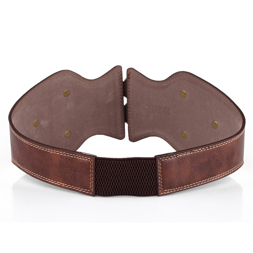 Women's wide leather corset belt in brown with elastic and rivets, perfect for vintage style outfits.