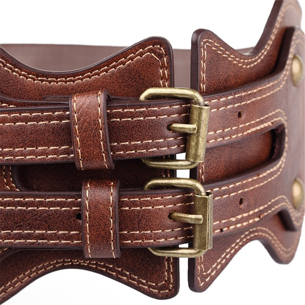 Wide brown leather corset belt with rivets and stylish buckle in vintage design.