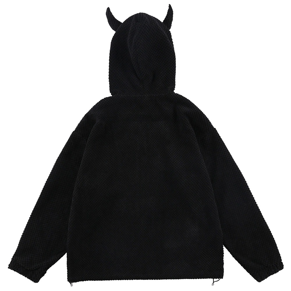 Women's Zipper Demon Horns Jacket / Casual Loose Solid Color Jackets with Hooded - HARD'N'HEAVY