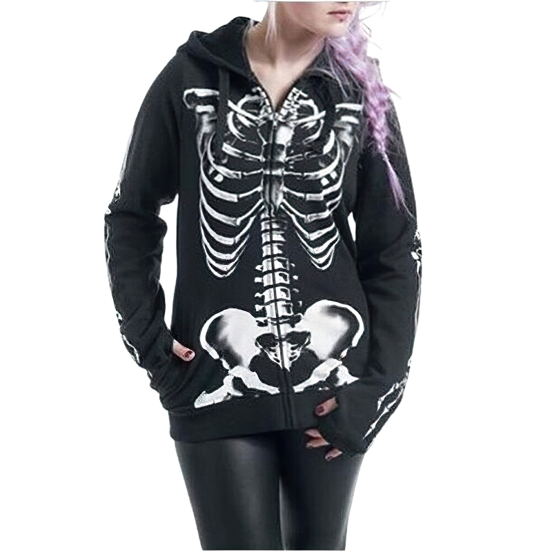 Women's black zipper hooded sweatshirt featuring a skeleton print, perfect for gothic style and comfy wear.