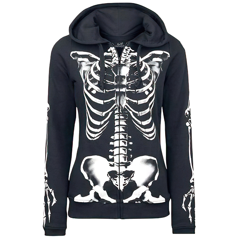 Women's black hoodie with skeleton print, stylish gothic sweatshirt with zipper for a trendy look.