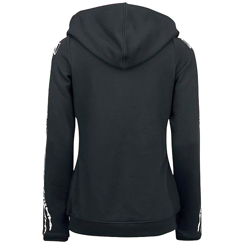 Back view of women's black zipper hooded sweatshirt with skeleton print, perfect for gothic style enthusiasts.