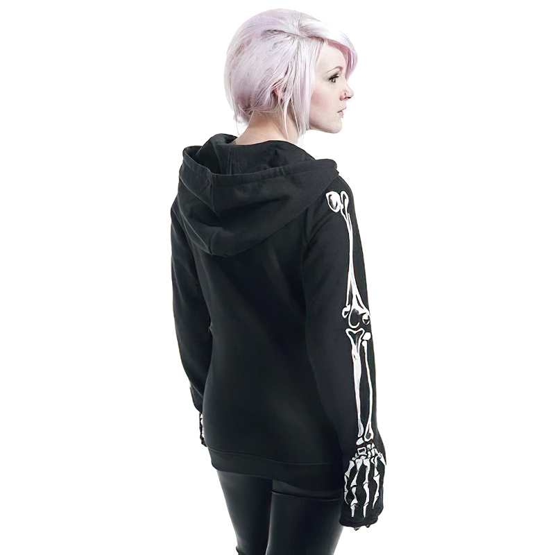 Back view of a women's black zipper hoodie with skeleton print, perfect for trendy gothic style.