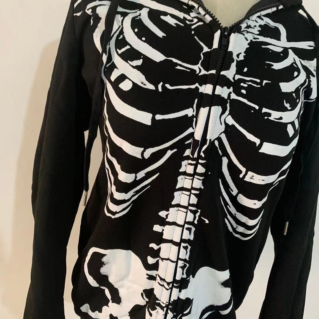 Women's black zipper hoodie featuring skeleton print, perfect for gothic style and casual wear.