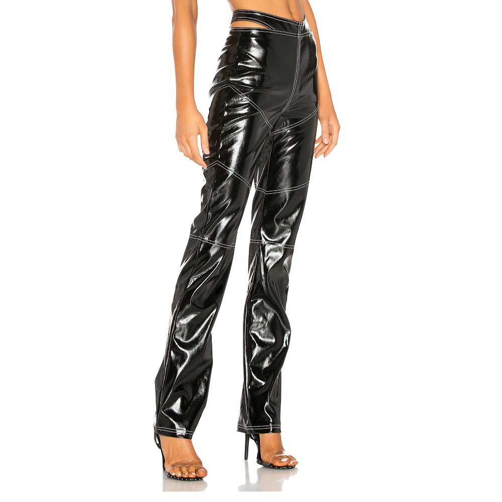Women's black PU leather pants with hollow cut waist and contrast line stitching for a trendy rock style look.