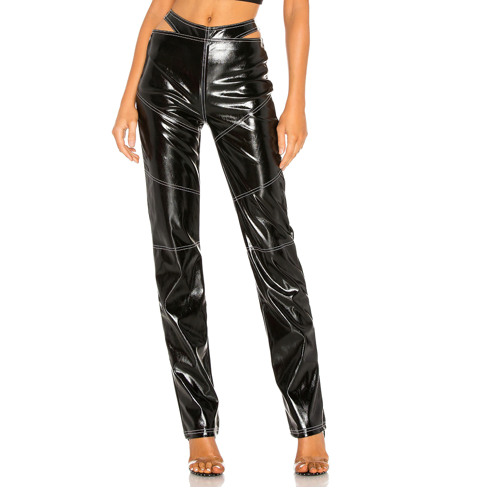 Women's black PU leather pants with contrast stitching and stylish hollow cut on the waist for a trendy rock look.
